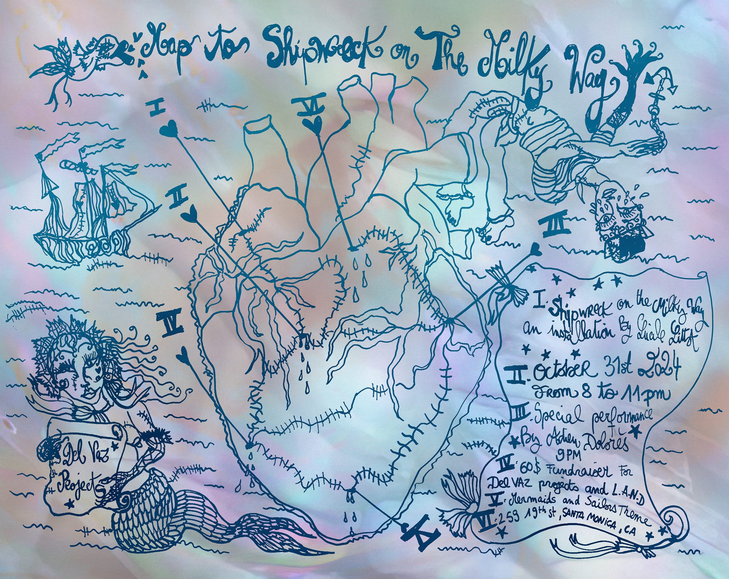 Blue flyer with a drawing of a heart and the title Map to Shipwreck on the Milky Way