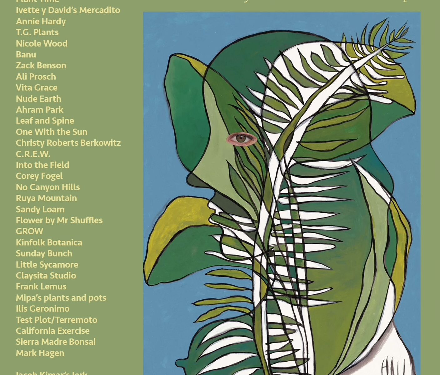 graphic with a green background and the header "plant sale" with an artwork featuring leaves and a list of names to the left, in white text