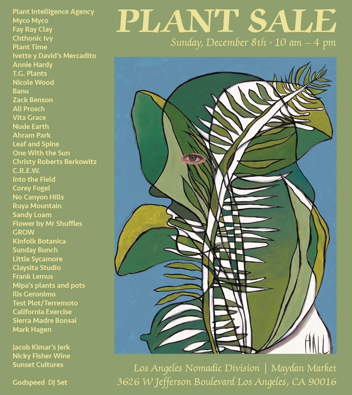 graphic with a green background and the header "plant sale" with an artwork featuring leaves and a list of names to the left, in white text