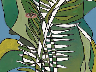 artwork featuring a group of leaves collaged with an eye and facial features over them